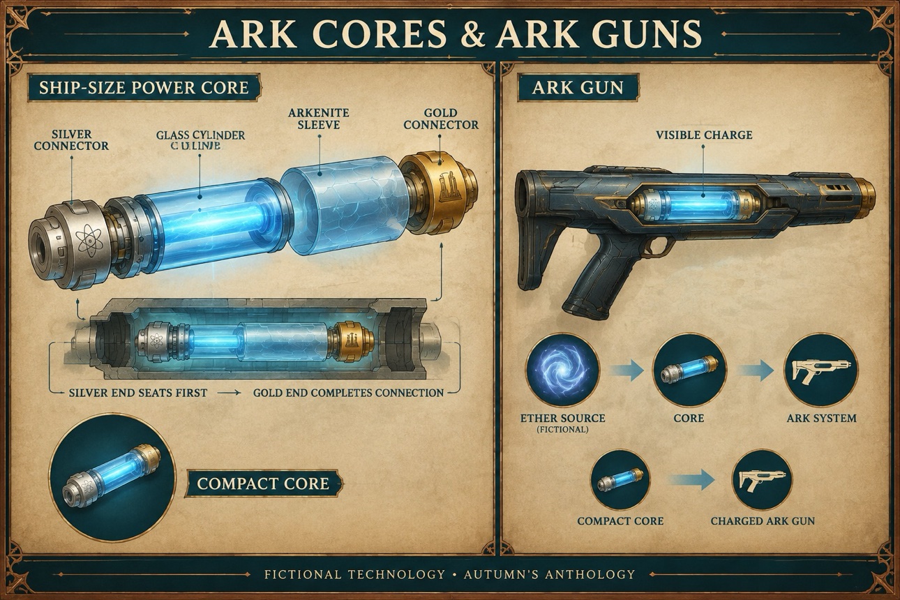 Blue-glowing Ark cores and an Ark gun