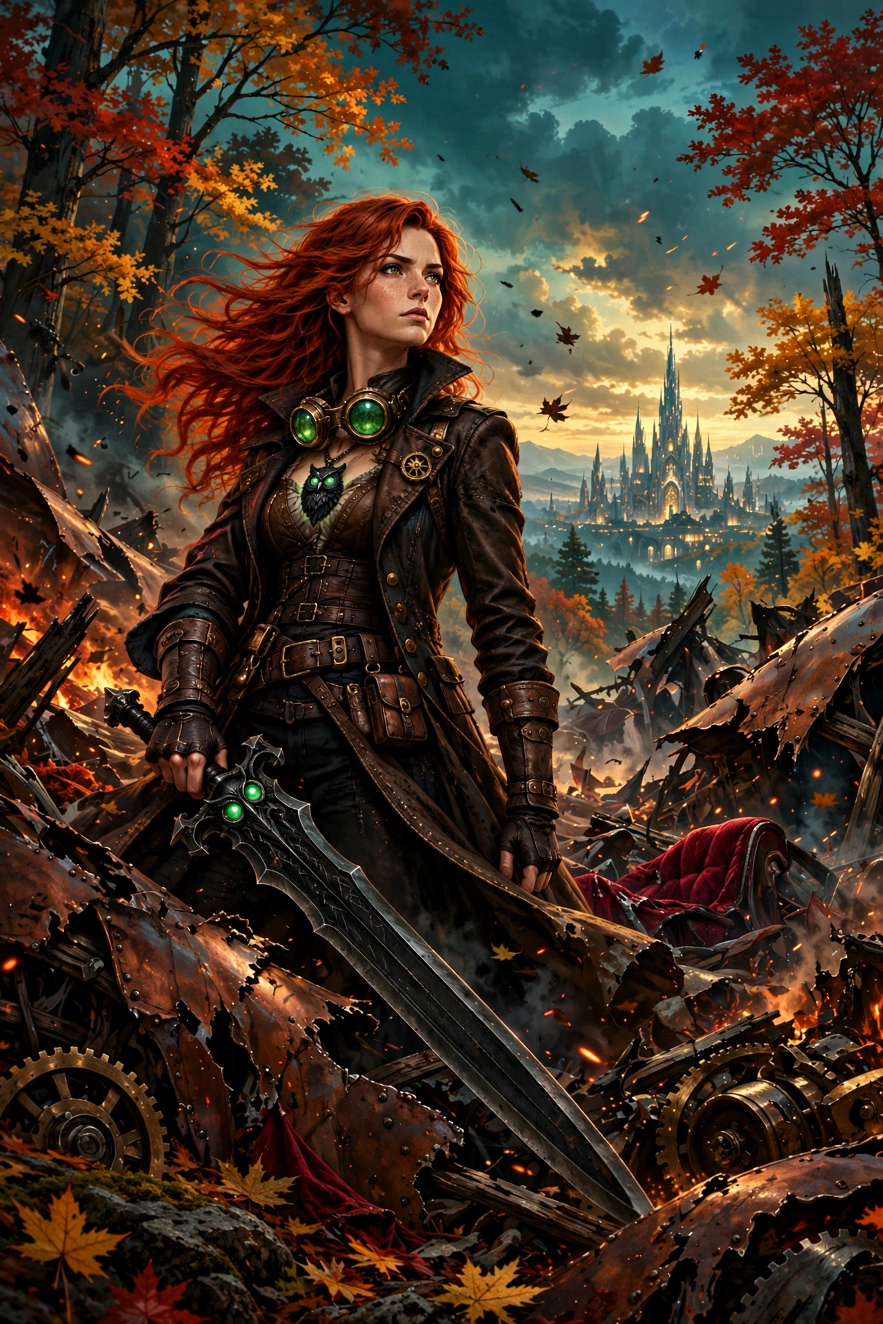 Autumn Gail standing among the burning wreckage of a copper airship, sword in hand