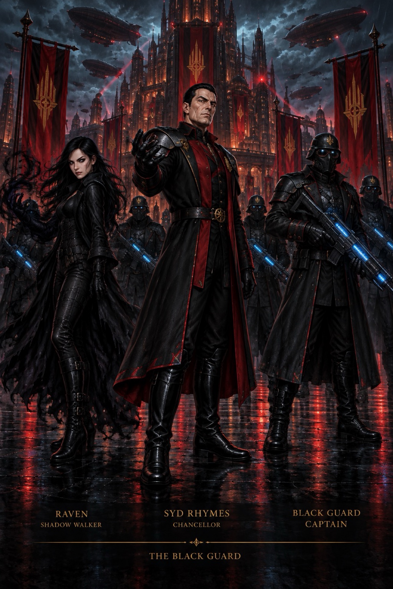 The Black Guard in dark armor beneath red banners