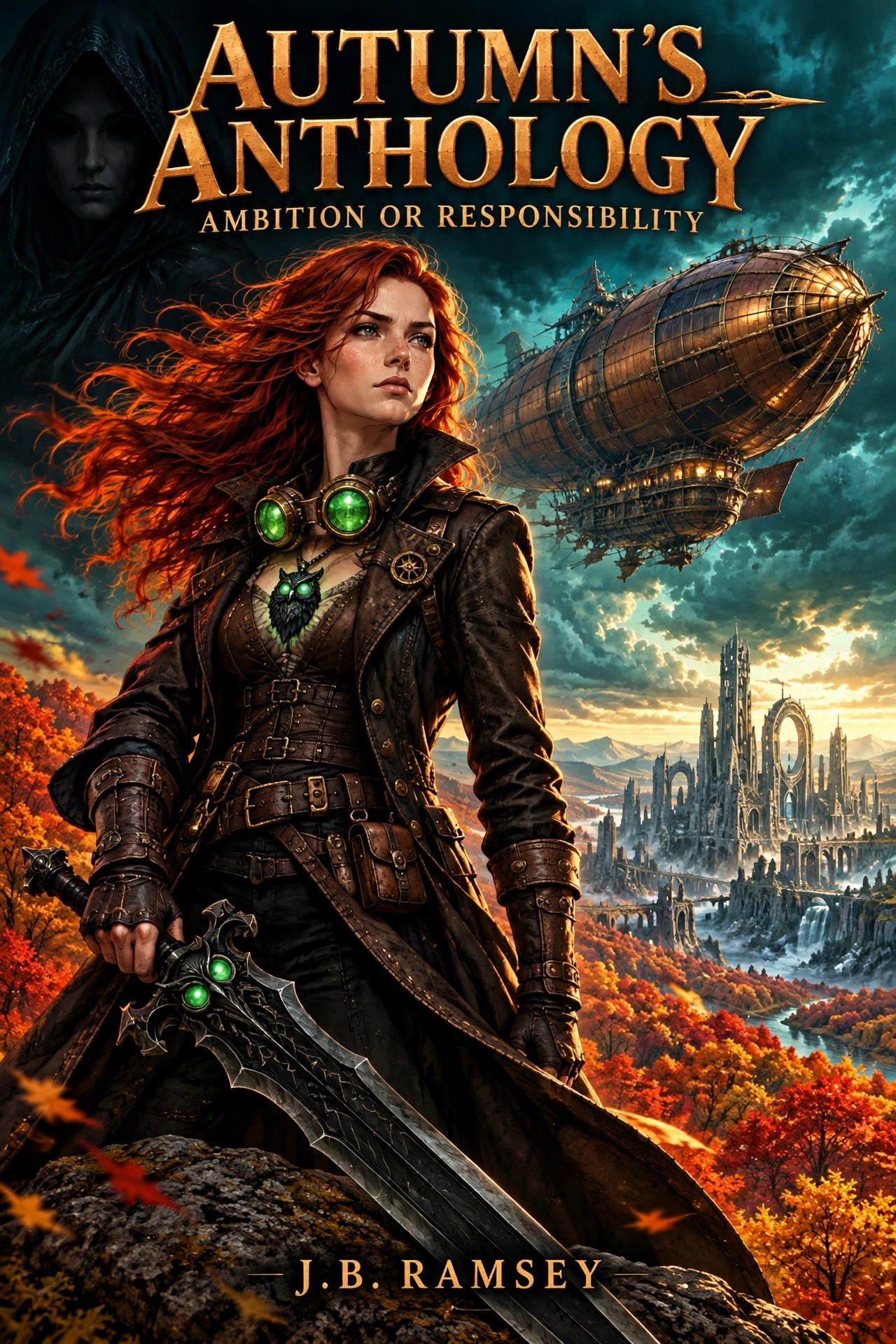 Cover of Autumn’s Anthology by J.B. Ramsey, featuring Autumn Gail, a copper dirigible, and the city of Ash