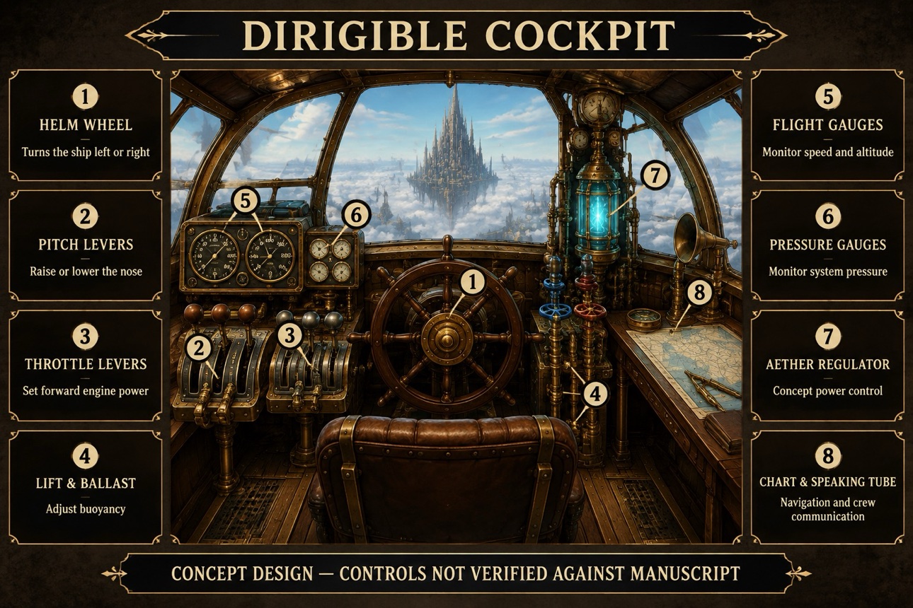 Concept art of a dirigible cockpit with its helm, gauges, and controls