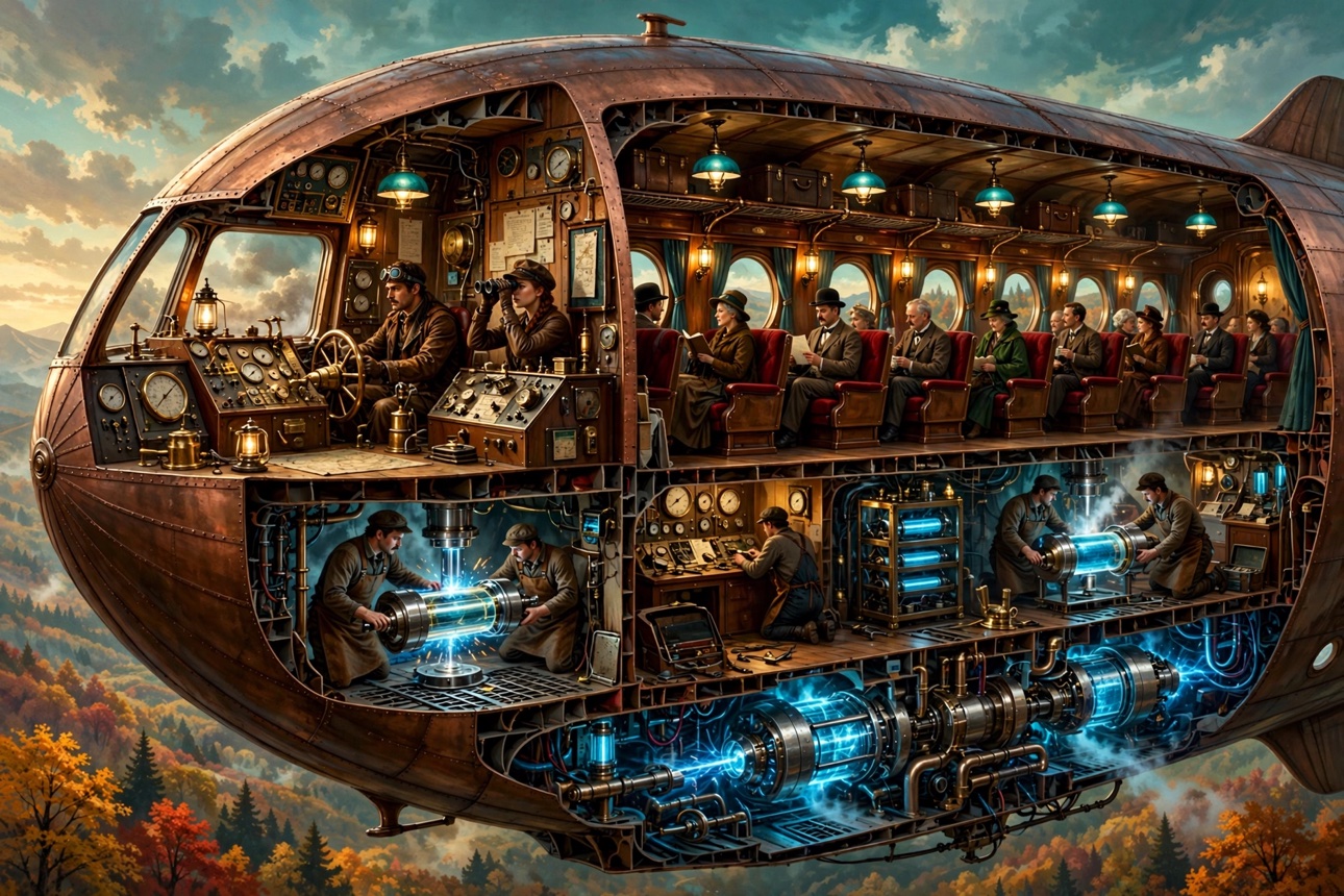 A cutaway view showing the decks and blue engines inside a copper dirigible