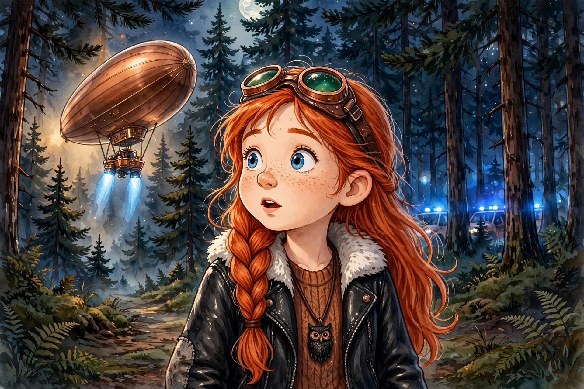 Young Autumn watching a blue-powered airship rise through a moonlit forest