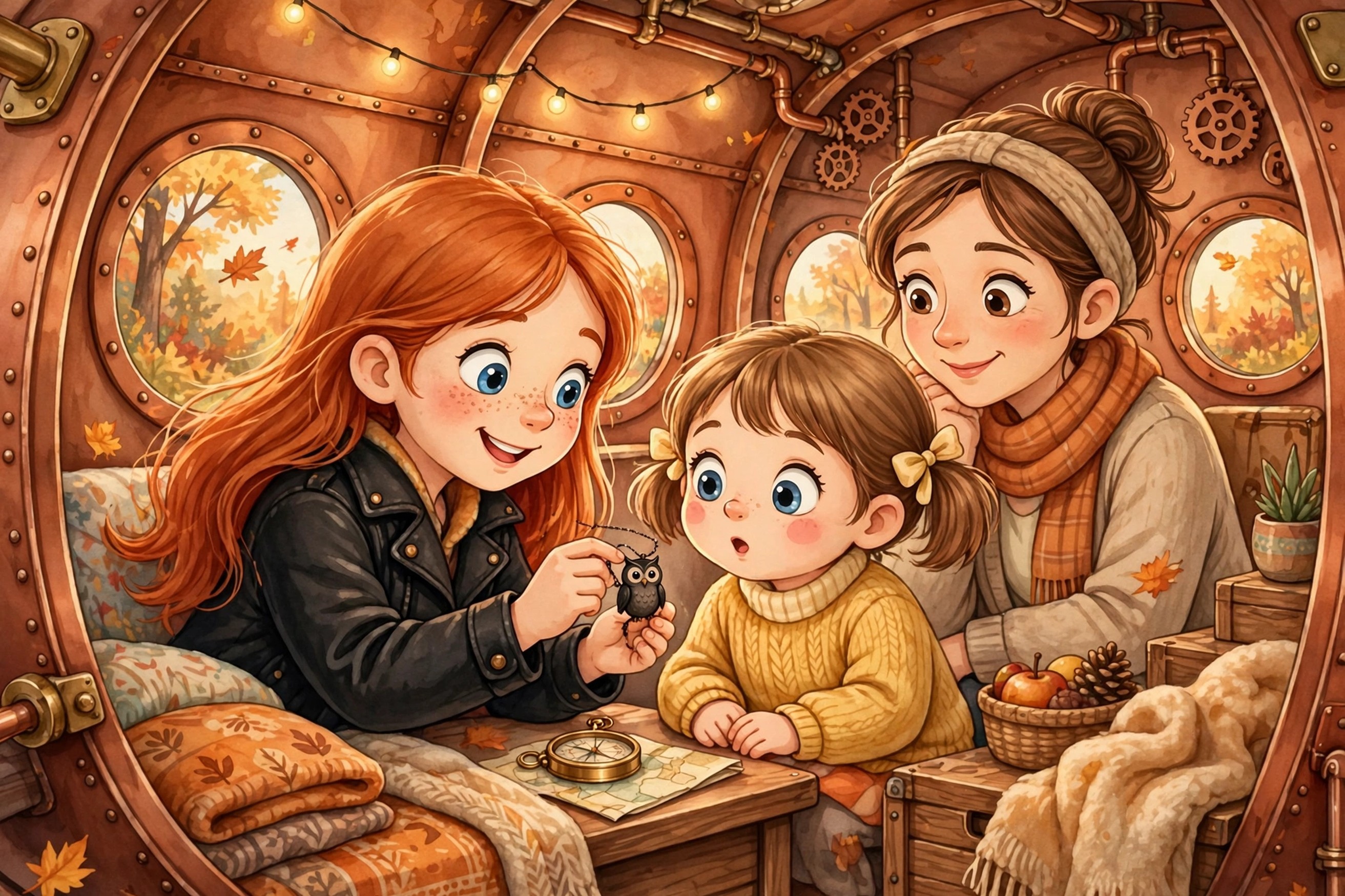 Young Autumn sharing her owl talisman with a child and her mother aboard a copper dirigible