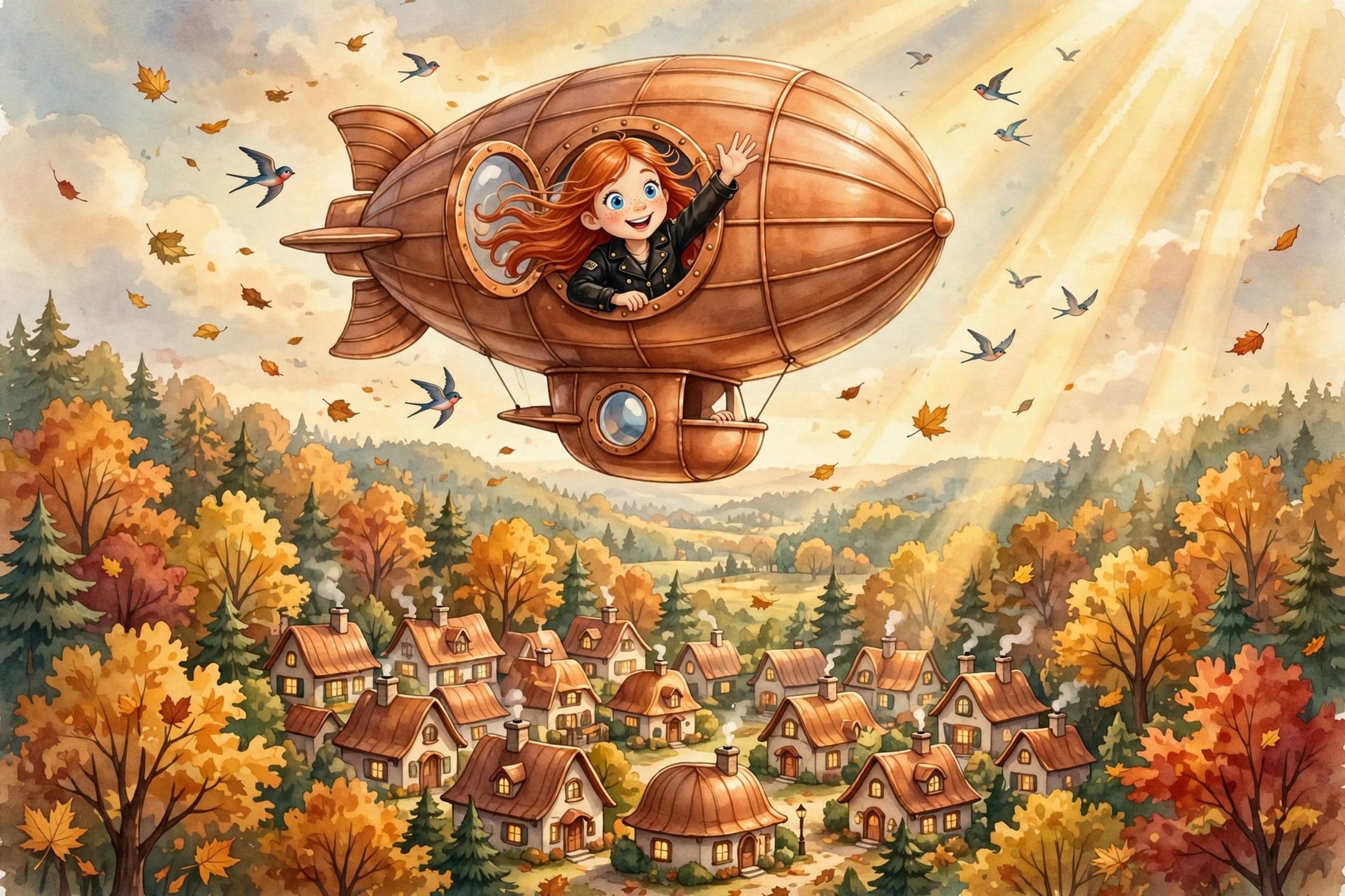 Young Autumn waving from a copper dirigible over an autumn village