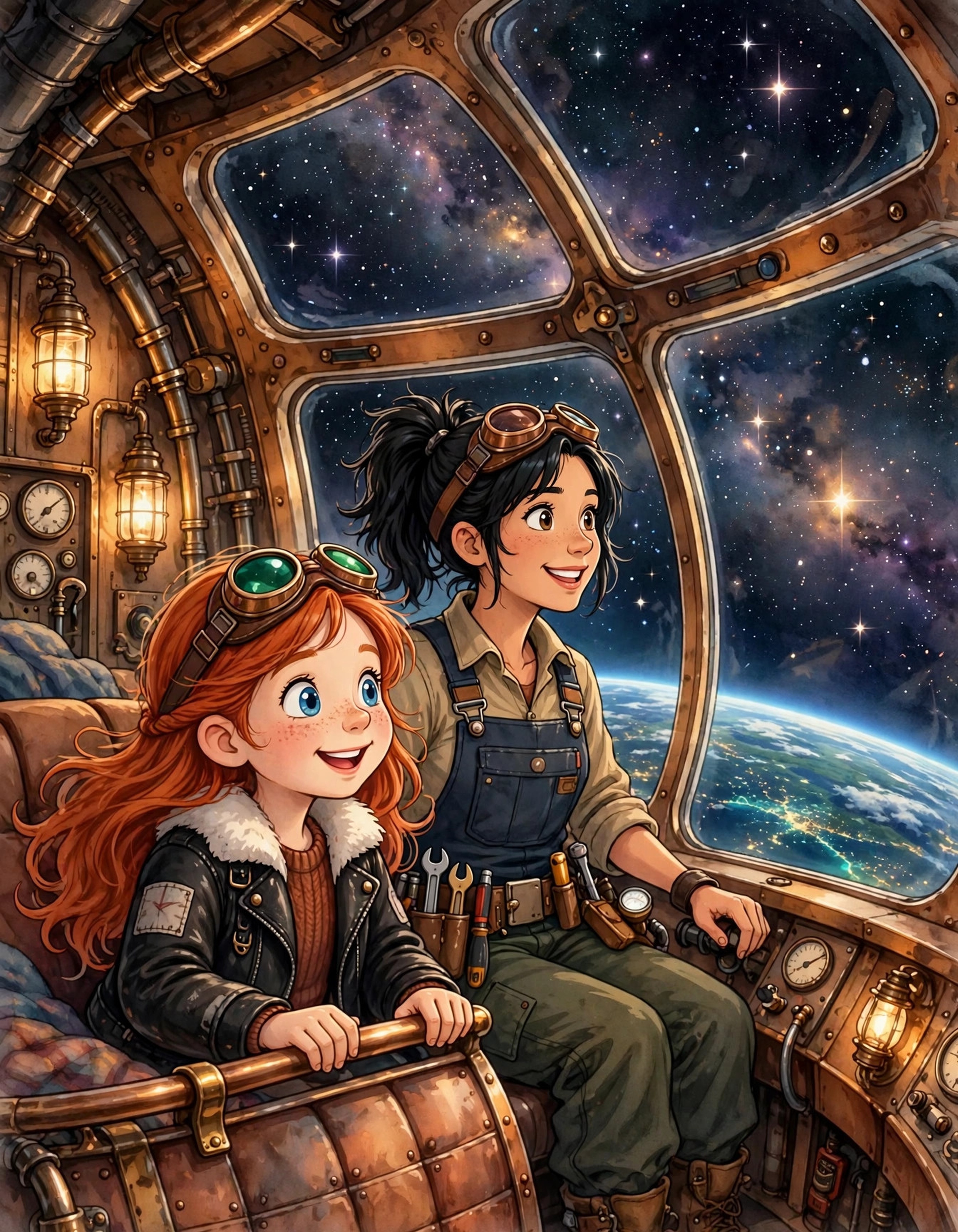 Young Autumn and Phyfer looking through the windows of the starship Atlas