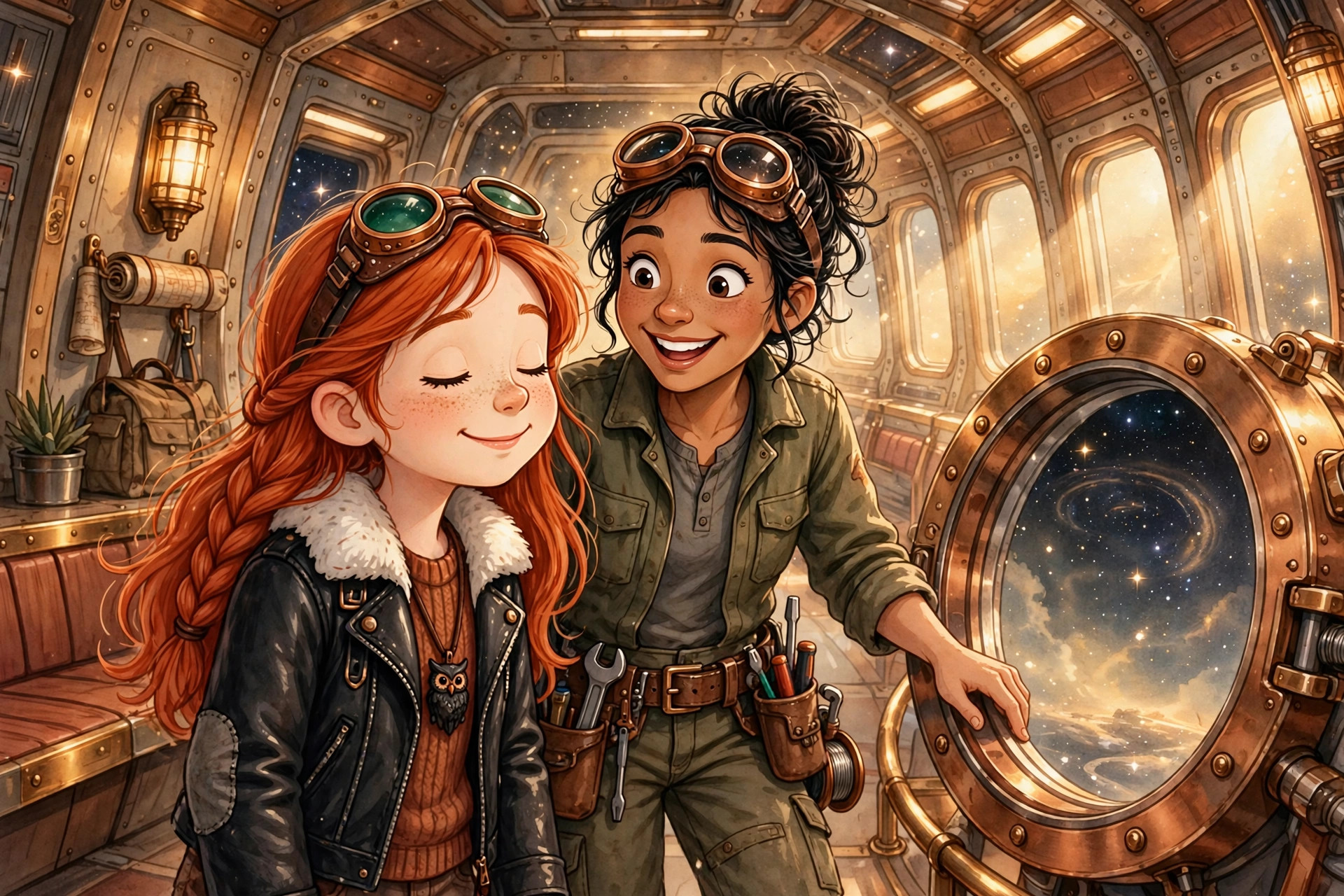 Young Autumn and Phyfer exploring a starship beside a view of the stars