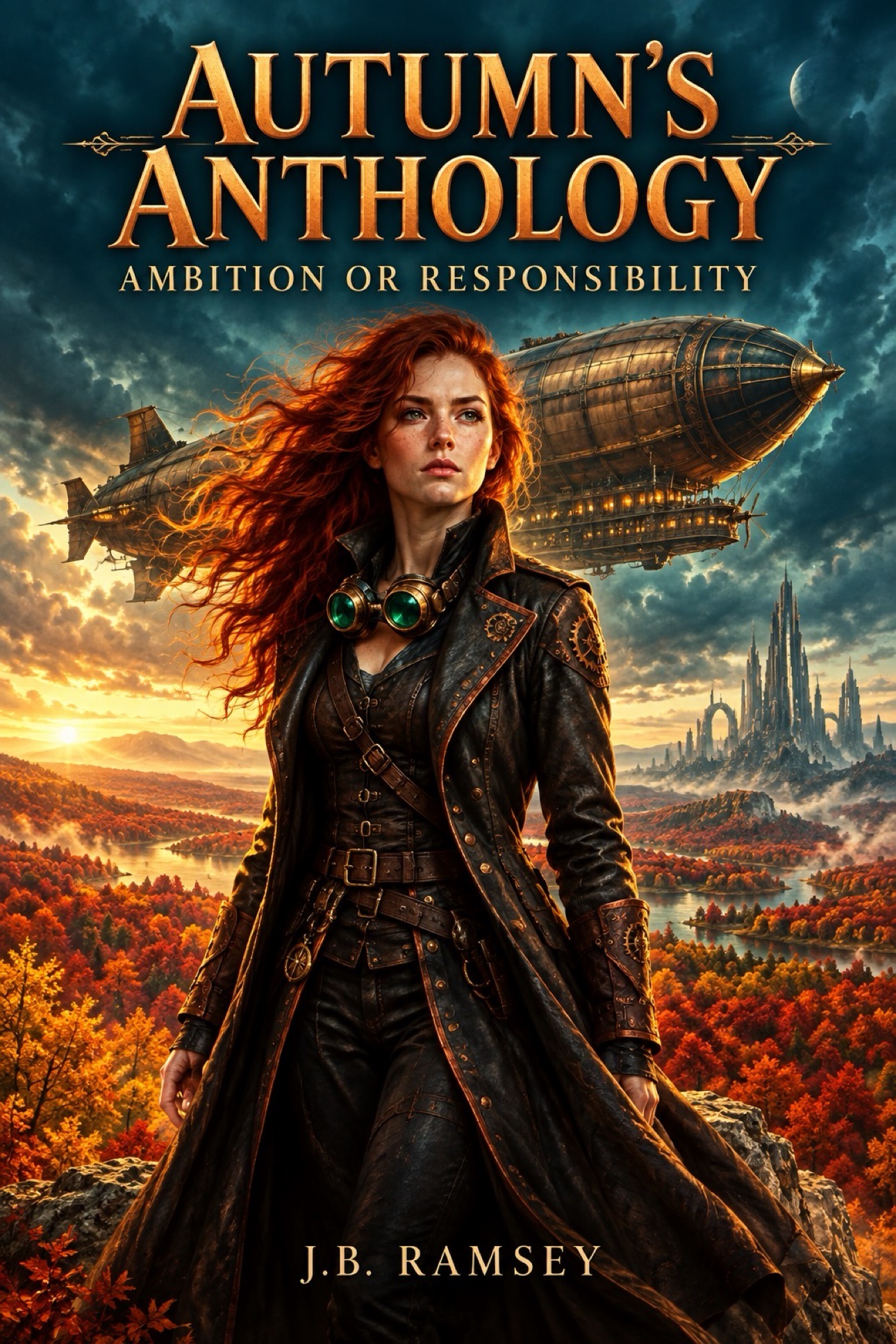 Autumn’s Anthology artwork featuring Autumn, Esmeralda, and a copper dirigible